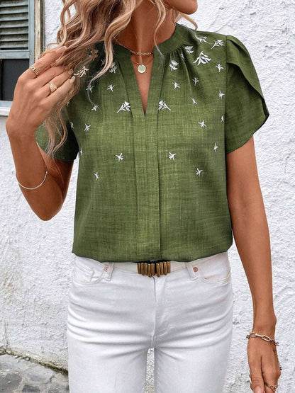 Floral Notched Short Sleeve Blouse - aurelia-clothing-8955