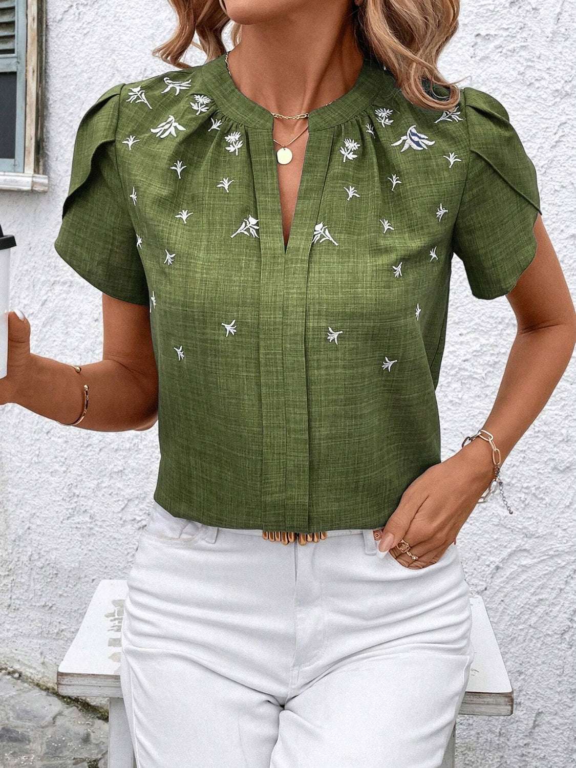 Floral Notched Short Sleeve Blouse - aurelia-clothing-8955