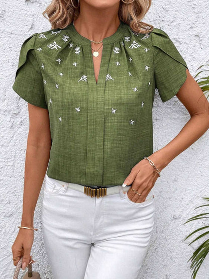 Floral Notched Short Sleeve Blouse - aurelia-clothing-8955