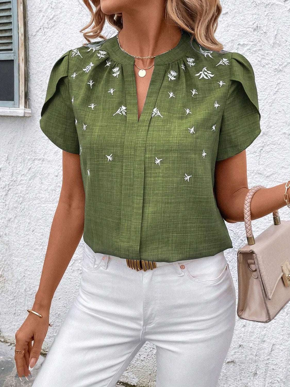 Floral Notched Short Sleeve Blouse - aurelia-clothing-8955