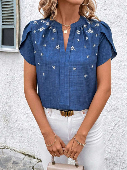 Floral Notched Short Sleeve Blouse - aurelia-clothing-8955
