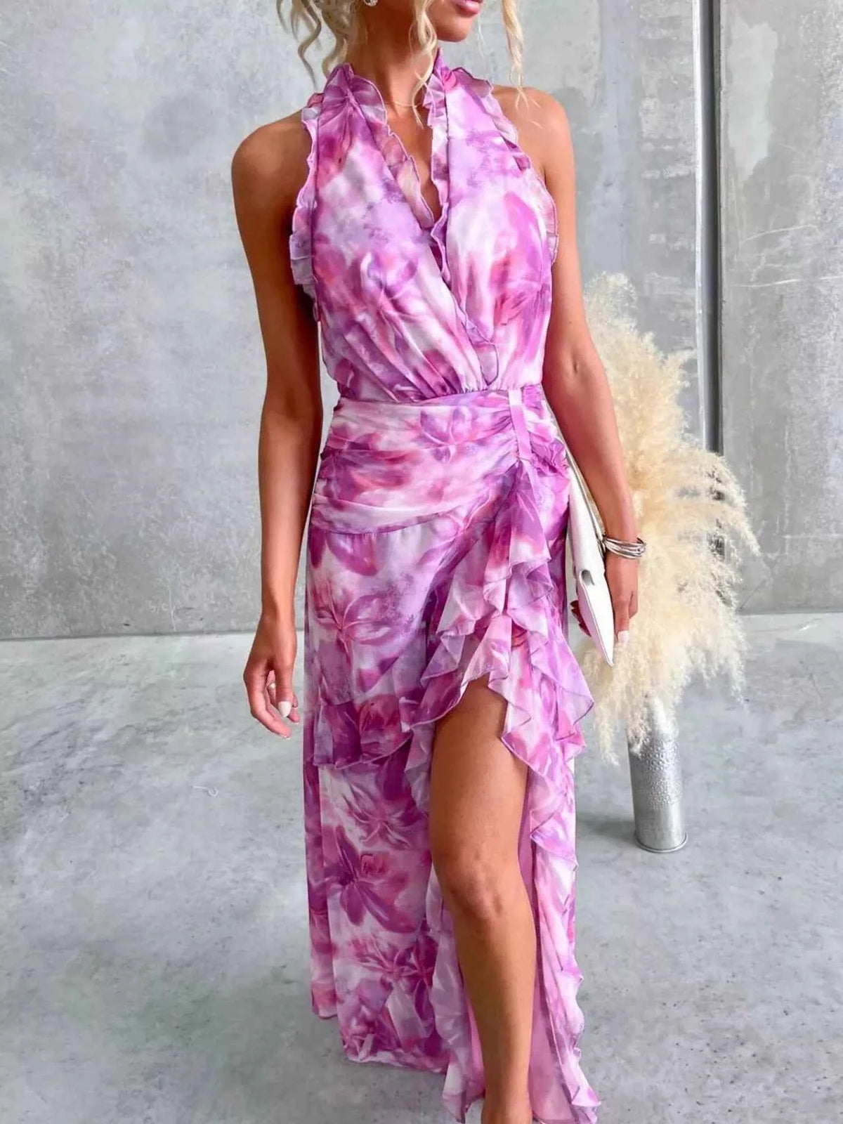 Floral Print Ruffle Halter Neck Maxi Dress-Free Shipping - aurelia-clothing-8955