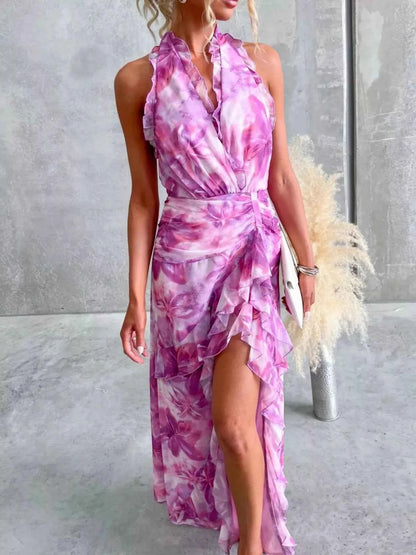 Floral Print Ruffle Halter Neck Maxi Dress-Free Shipping - aurelia-clothing-8955