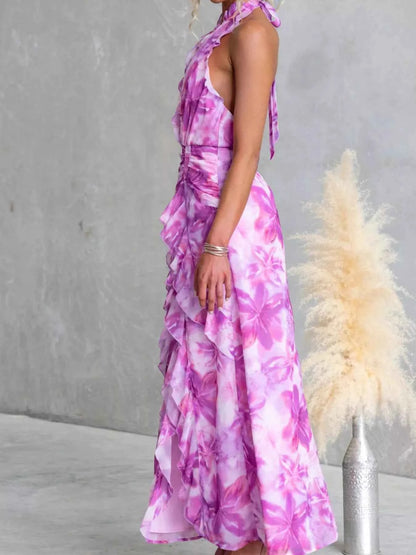 Floral Print Ruffle Halter Neck Maxi Dress-Free Shipping - aurelia-clothing-8955