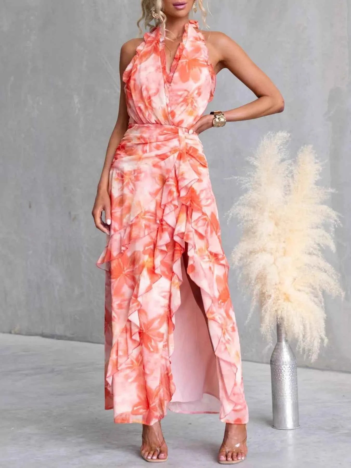 Floral Print Ruffle Halter Neck Maxi Dress-Free Shipping - aurelia-clothing-8955