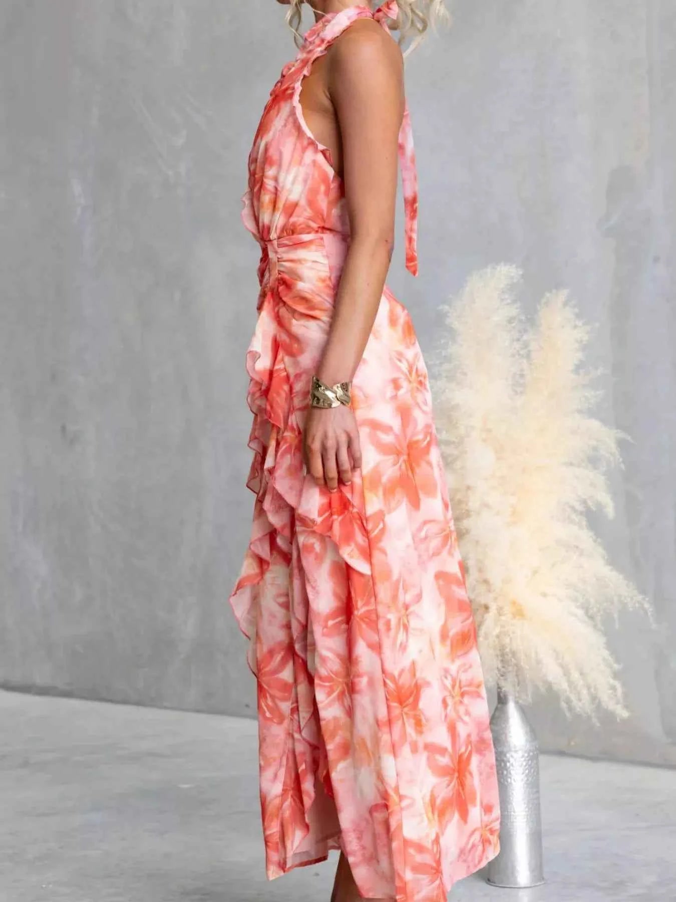 Floral Print Ruffle Halter Neck Maxi Dress-Free Shipping - aurelia-clothing-8955