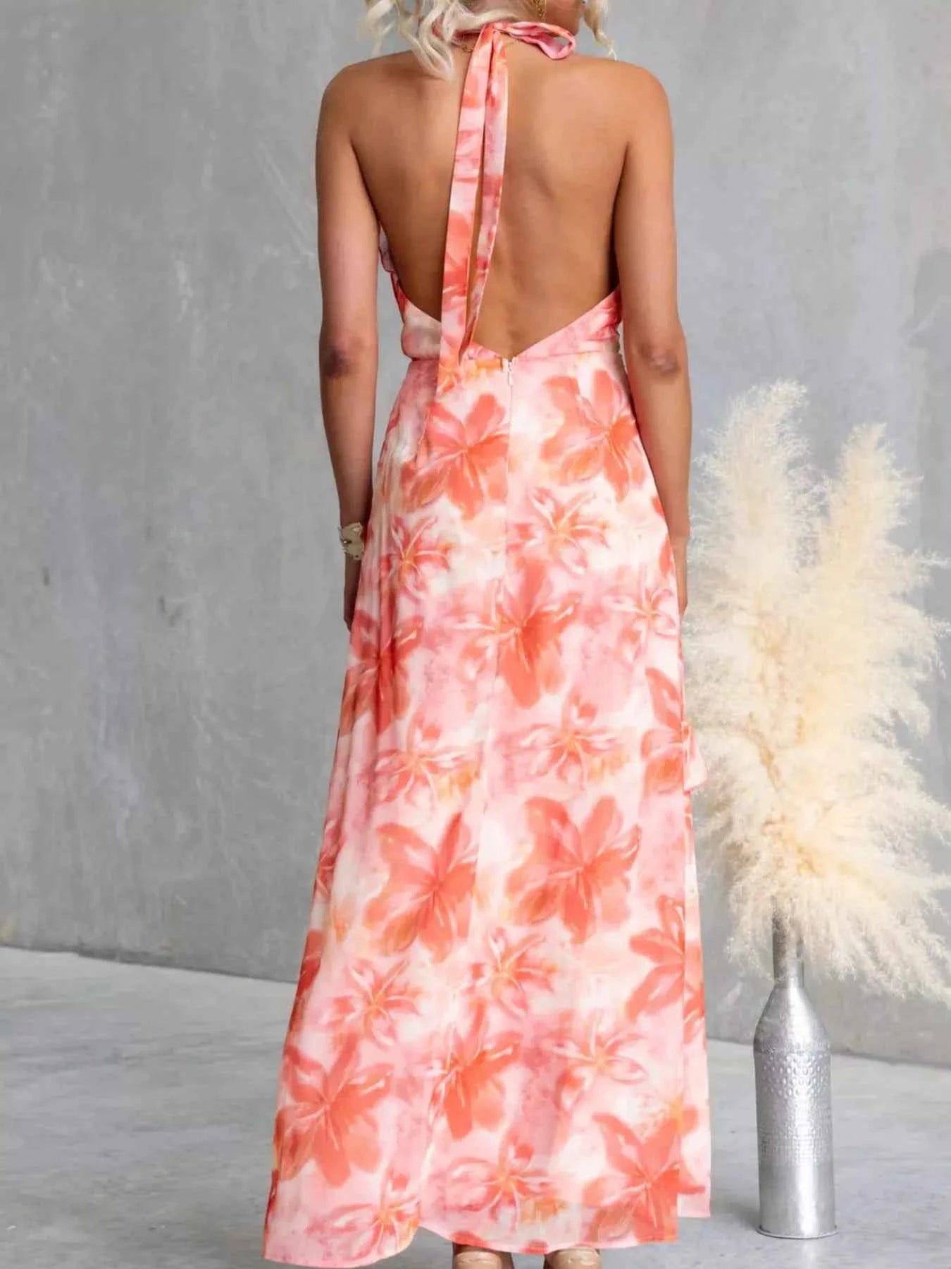 Floral Print Ruffle Halter Neck Maxi Dress-Free Shipping - aurelia-clothing-8955