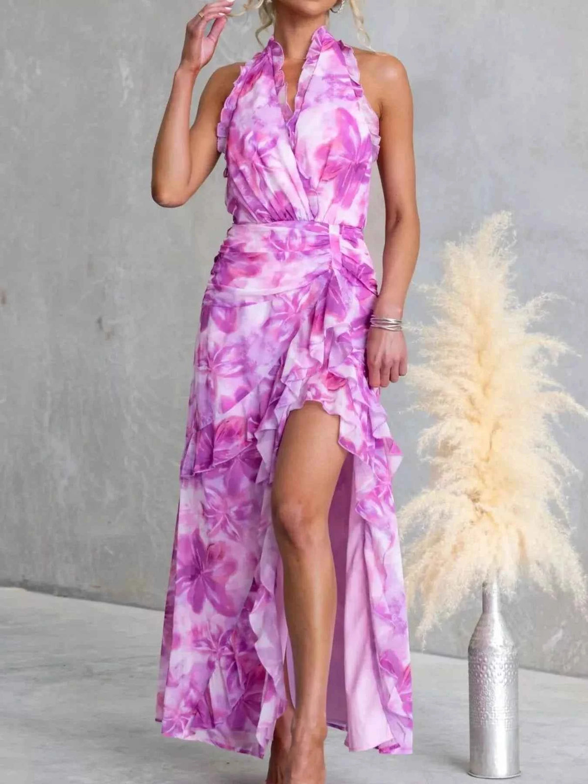 Floral Print Ruffle Halter Neck Maxi Dress-Free Shipping - aurelia-clothing-8955