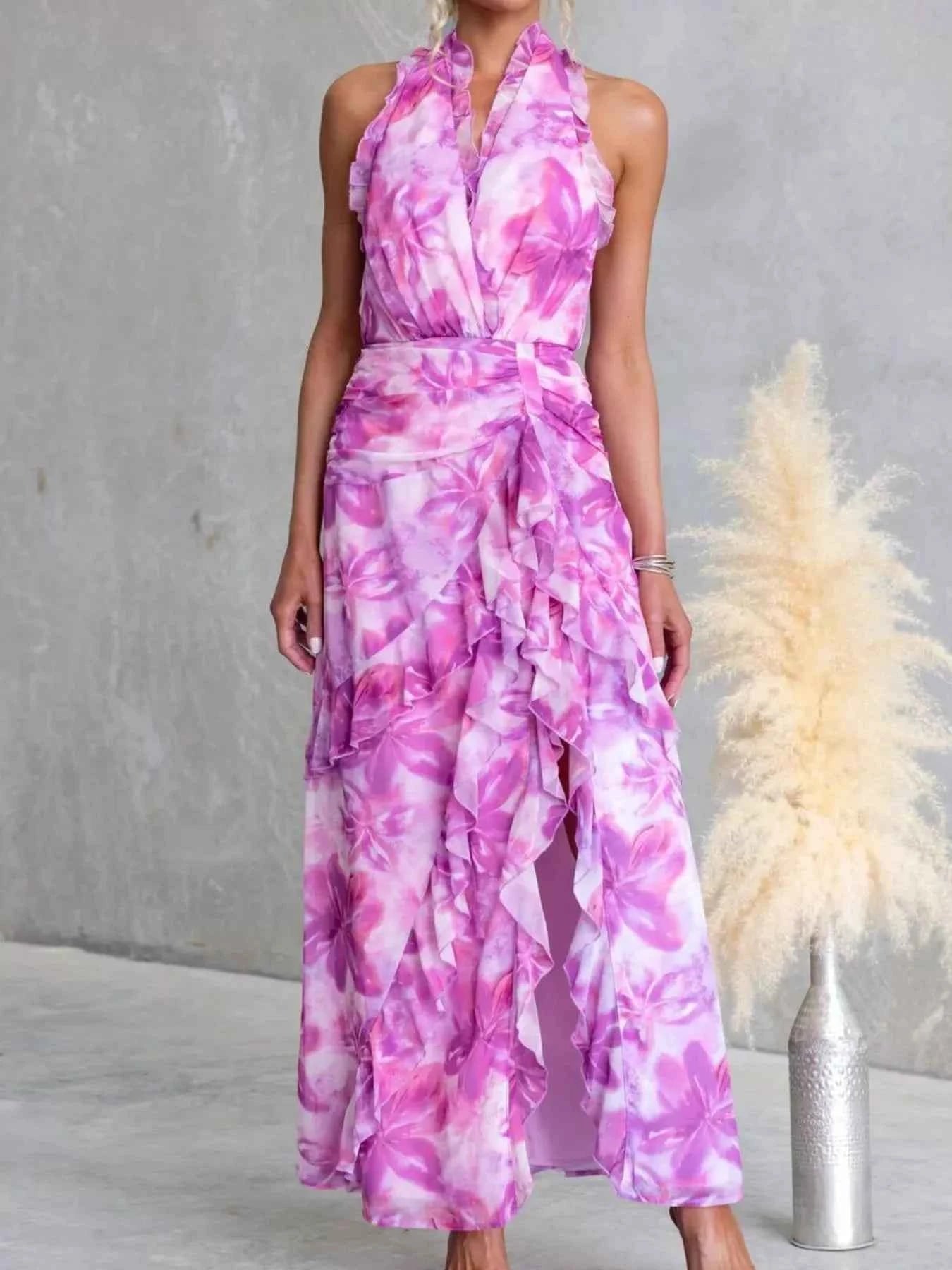 Floral Print Ruffle Halter Neck Maxi Dress-Free Shipping - aurelia-clothing-8955