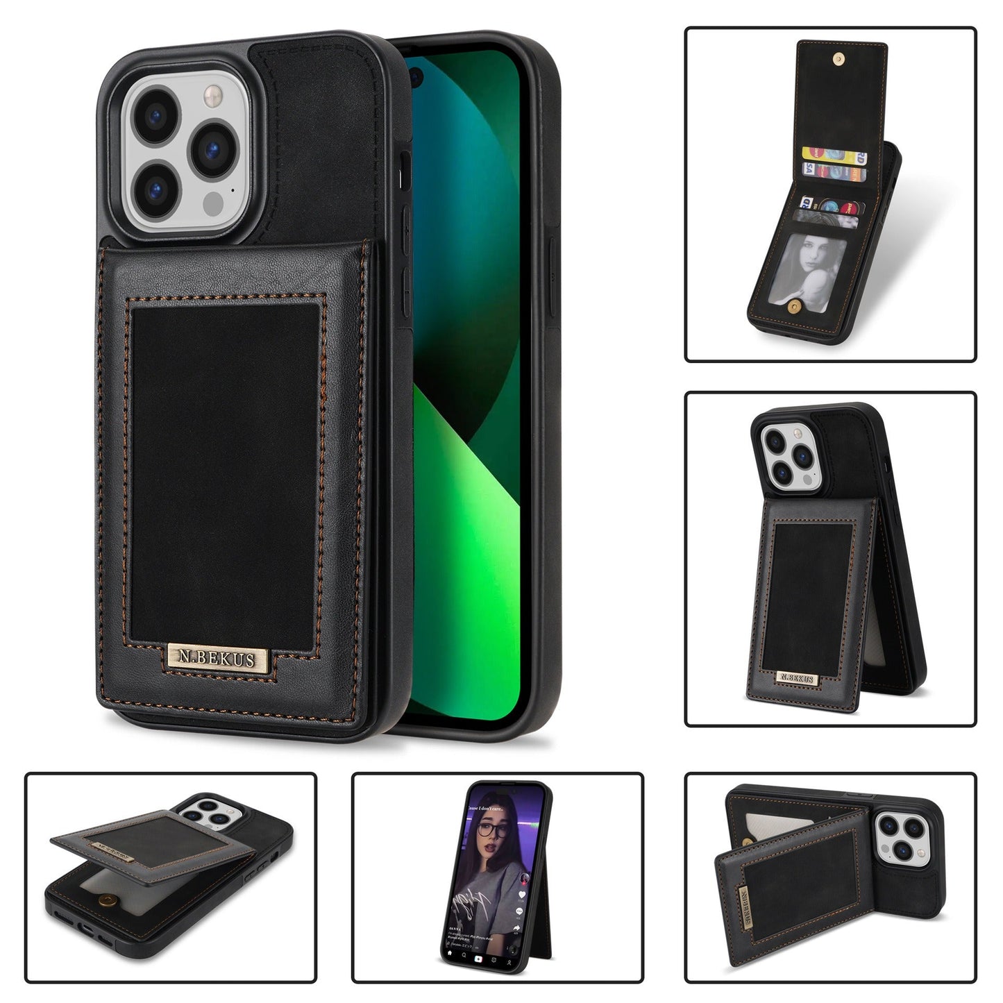 For iPhone 14ProMax Card Holder Phone Leather Case Samsung S23Ultra Photo Frame Magnetic Buckle Protective Case - Free Shipping - aurelia-clothing-8955