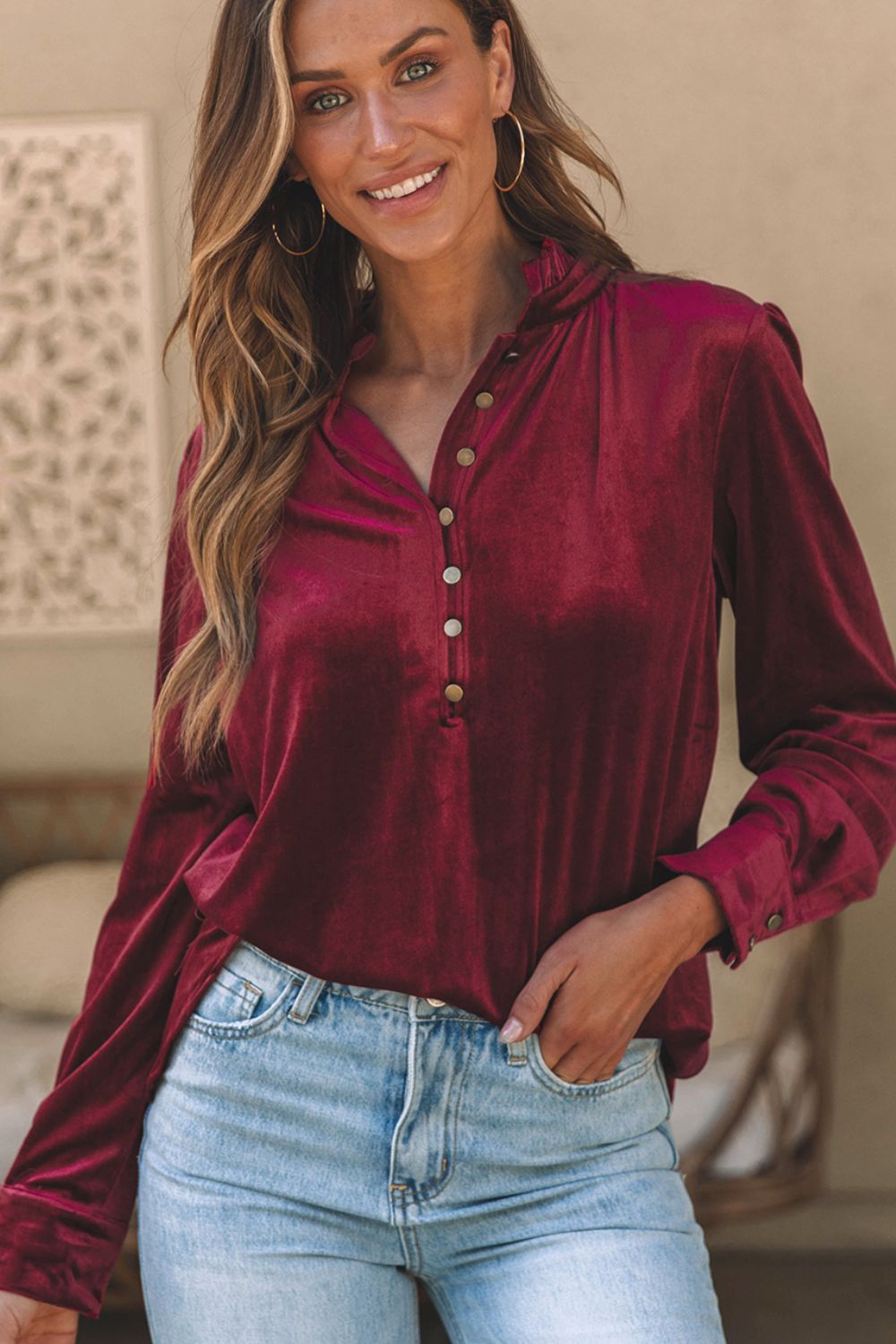Frill Half Button Mock Neck Long Sleeve Blouse - aurelia-clothing-8955