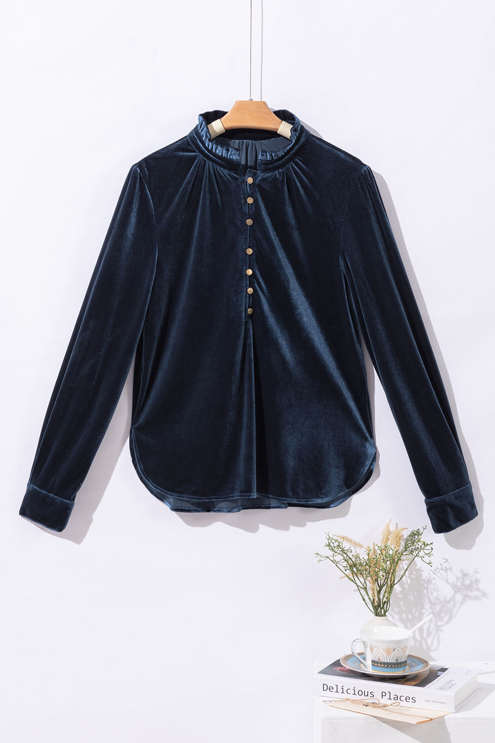 Frill Half Button Mock Neck Long Sleeve Blouse - aurelia-clothing-8955