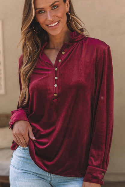 Frill Half Button Mock Neck Long Sleeve Blouse - aurelia-clothing-8955