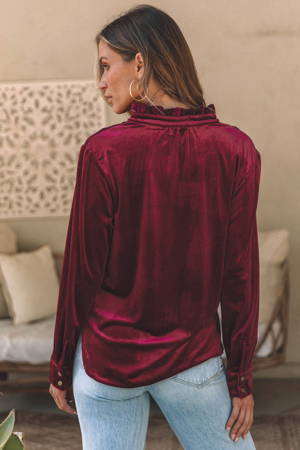 Frill Half Button Mock Neck Long Sleeve Blouse - aurelia-clothing-8955