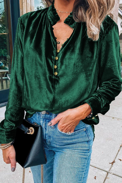 Frill Half Button Mock Neck Long Sleeve Blouse - aurelia-clothing-8955