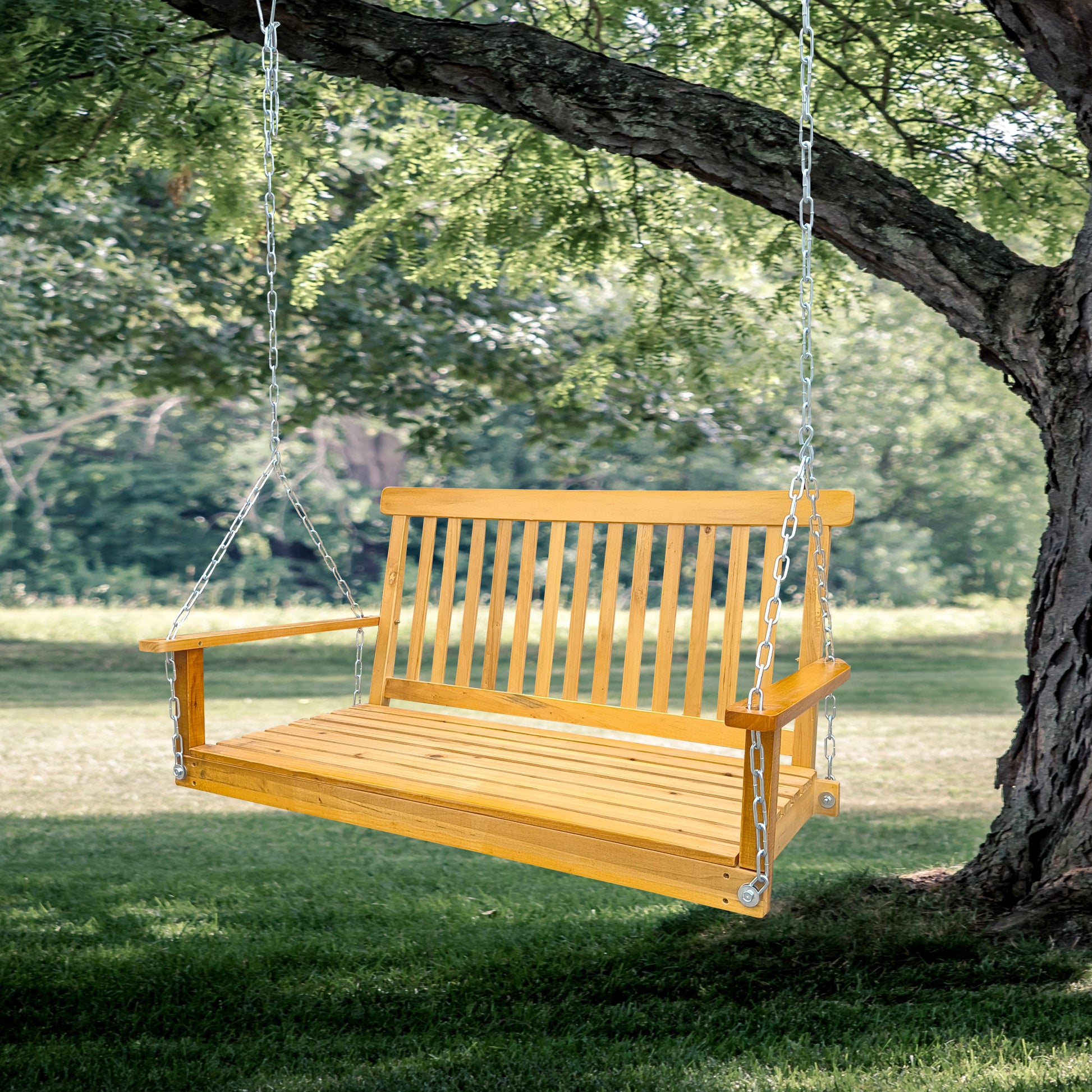Front Porch Swing with Armrests, Wood Bench Swing with Hanging Chains,for Outdoor Patio ,Garden Yard, porch, backyard - Free Shipping - aurelia-clothing-8955
