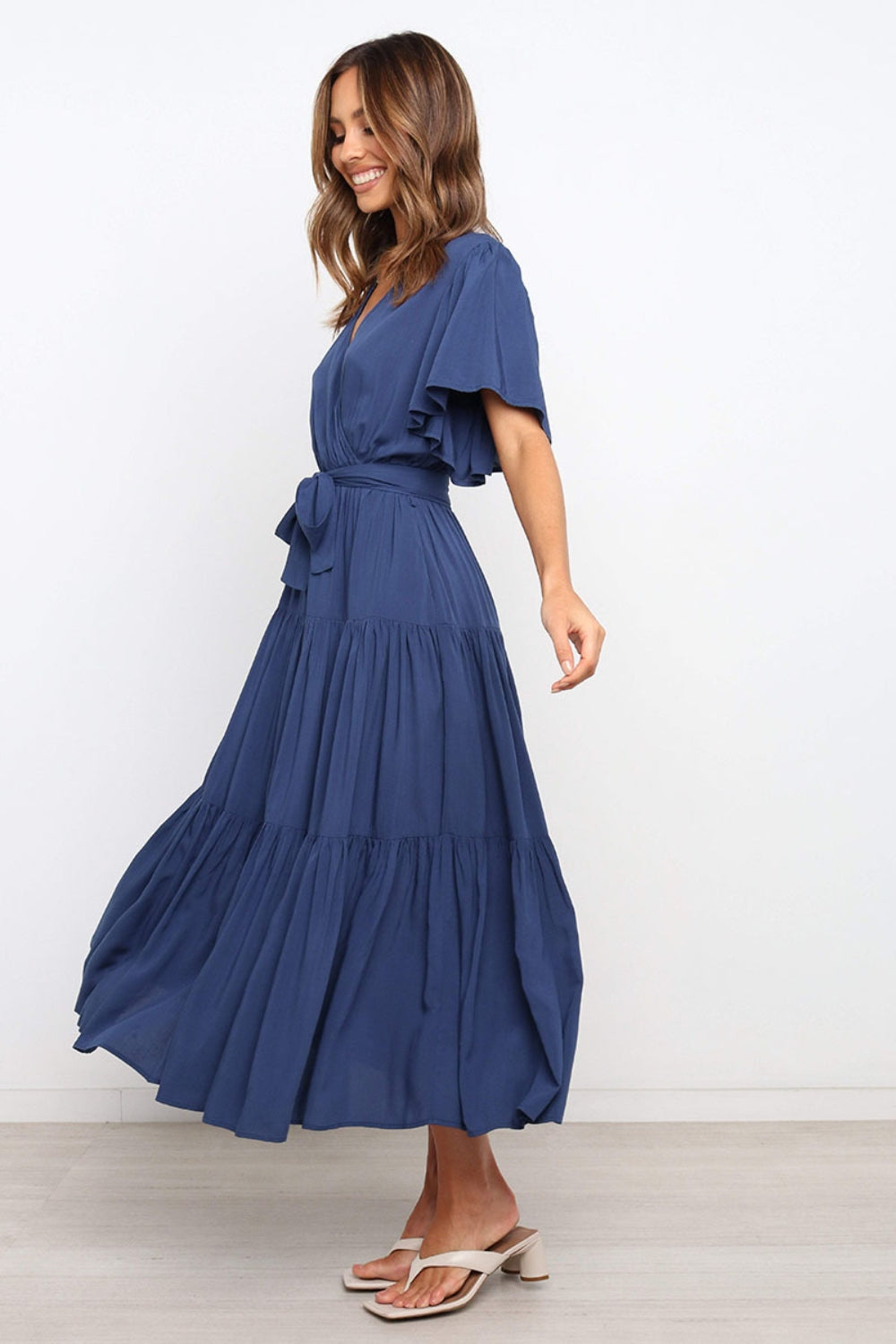 Front Tie Short Sleeve Tiered Midi Dress - aurelia-clothing-8955
