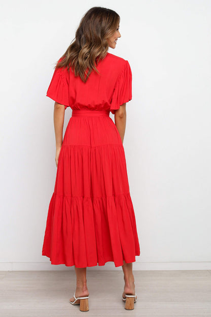Front Tie Short Sleeve Tiered Midi Dress - aurelia-clothing-8955