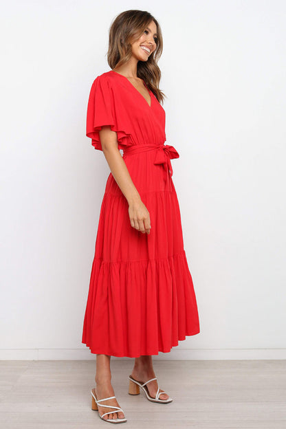 Front Tie Short Sleeve Tiered Midi Dress - aurelia-clothing-8955