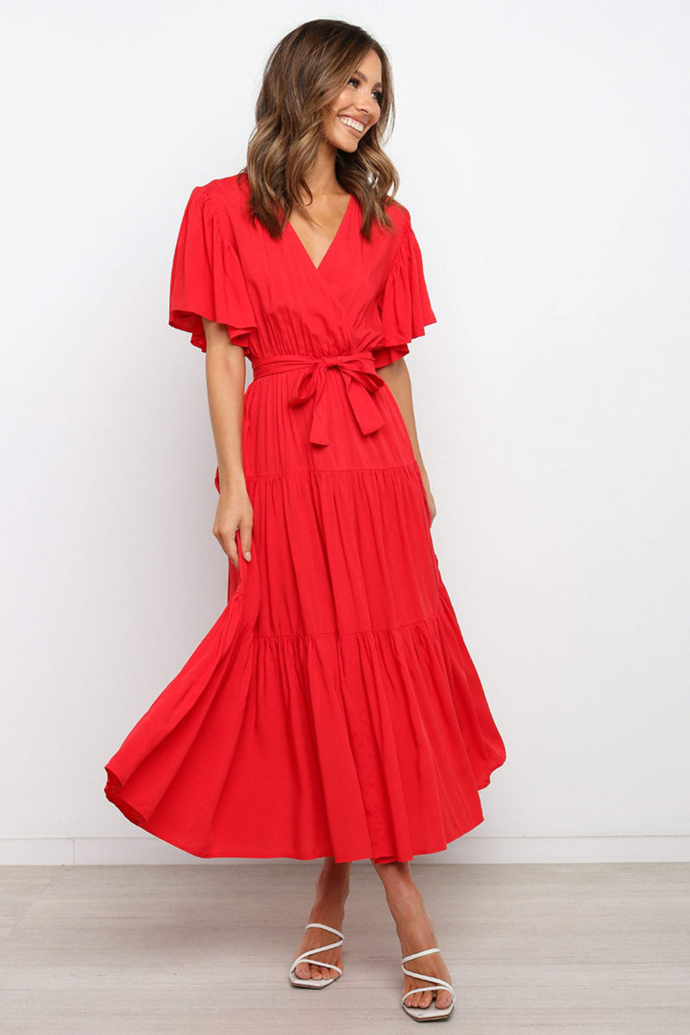 Front Tie Short Sleeve Tiered Midi Dress - aurelia-clothing-8955