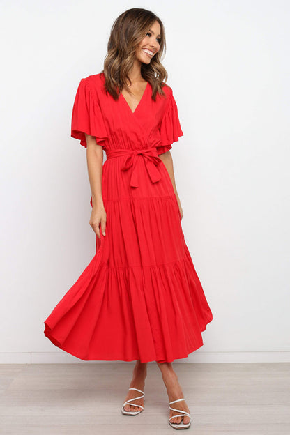 Front Tie Short Sleeve Tiered Midi Dress - aurelia-clothing-8955
