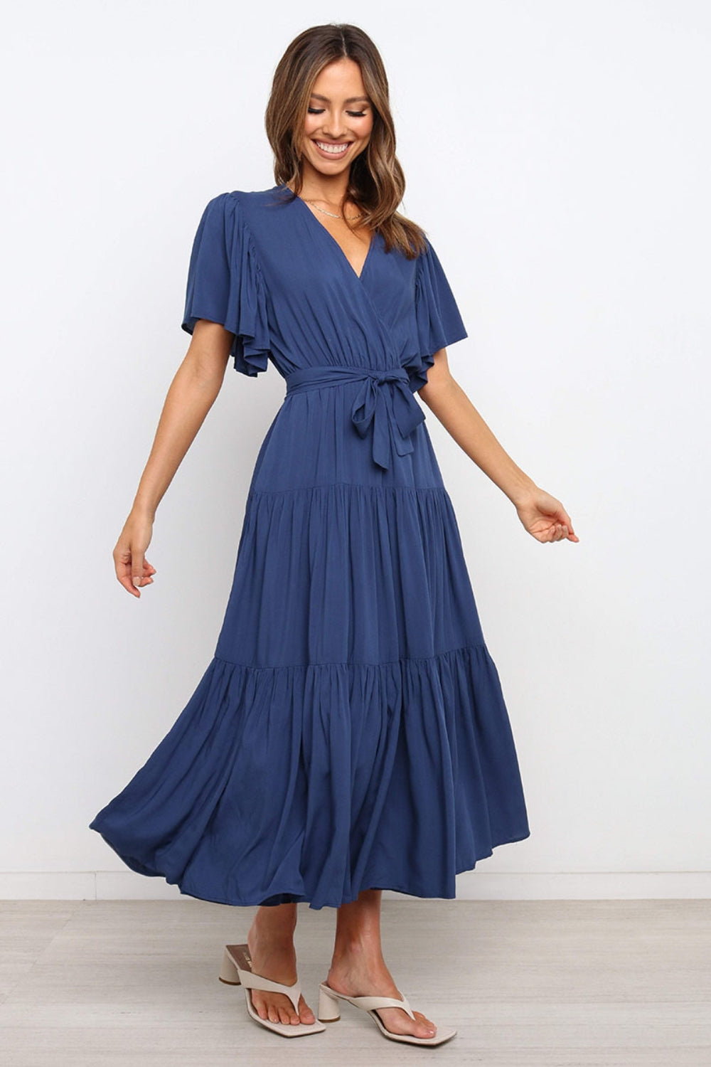 Front Tie Short Sleeve Tiered Midi Dress - aurelia-clothing-8955
