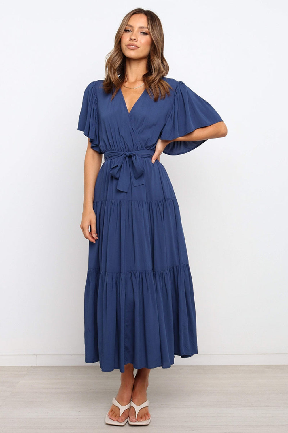 Front Tie Short Sleeve Tiered Midi Dress - aurelia-clothing-8955
