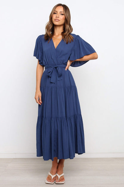 Front Tie Short Sleeve Tiered Midi Dress - aurelia-clothing-8955