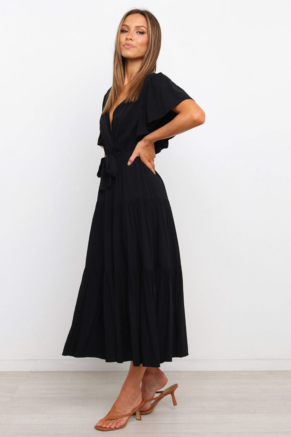 Front Tie Short Sleeve Tiered Midi Dress - aurelia-clothing-8955