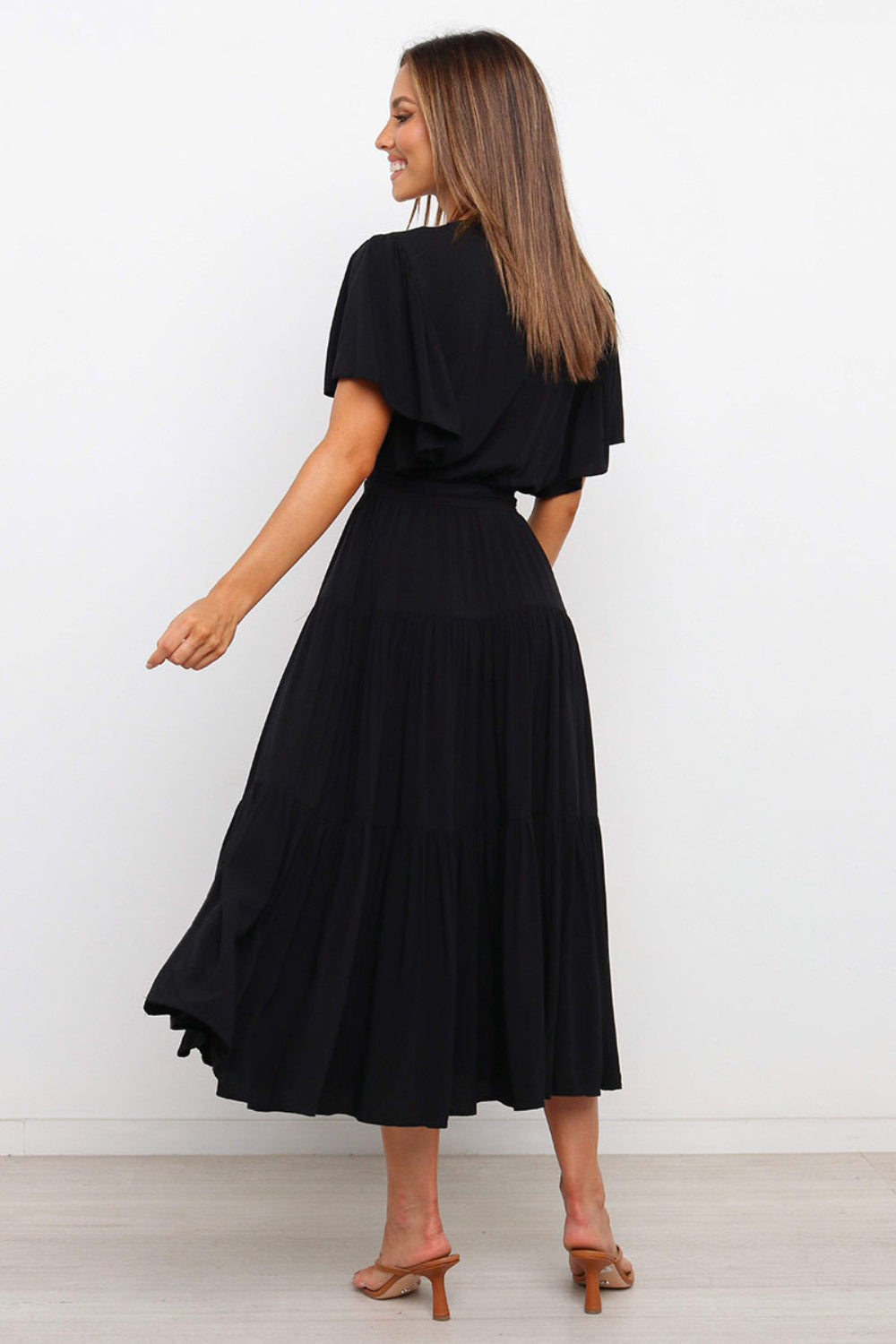 Front Tie Short Sleeve Tiered Midi Dress - aurelia-clothing-8955