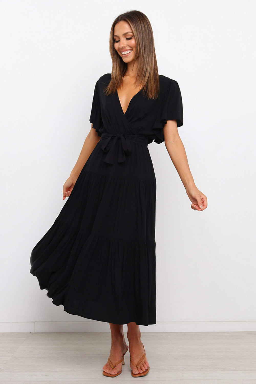 Front Tie Short Sleeve Tiered Midi Dress - aurelia-clothing-8955