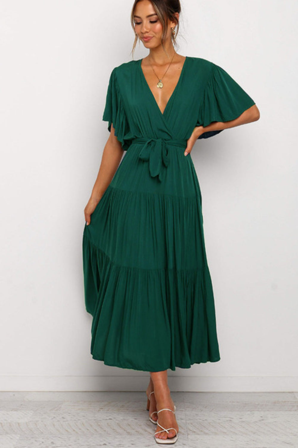 Front Tie Short Sleeve Tiered Midi Dress - aurelia-clothing-8955