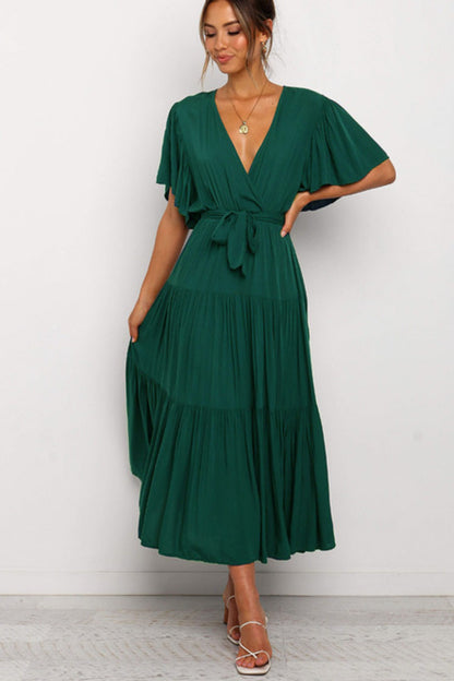 Front Tie Short Sleeve Tiered Midi Dress - aurelia-clothing-8955