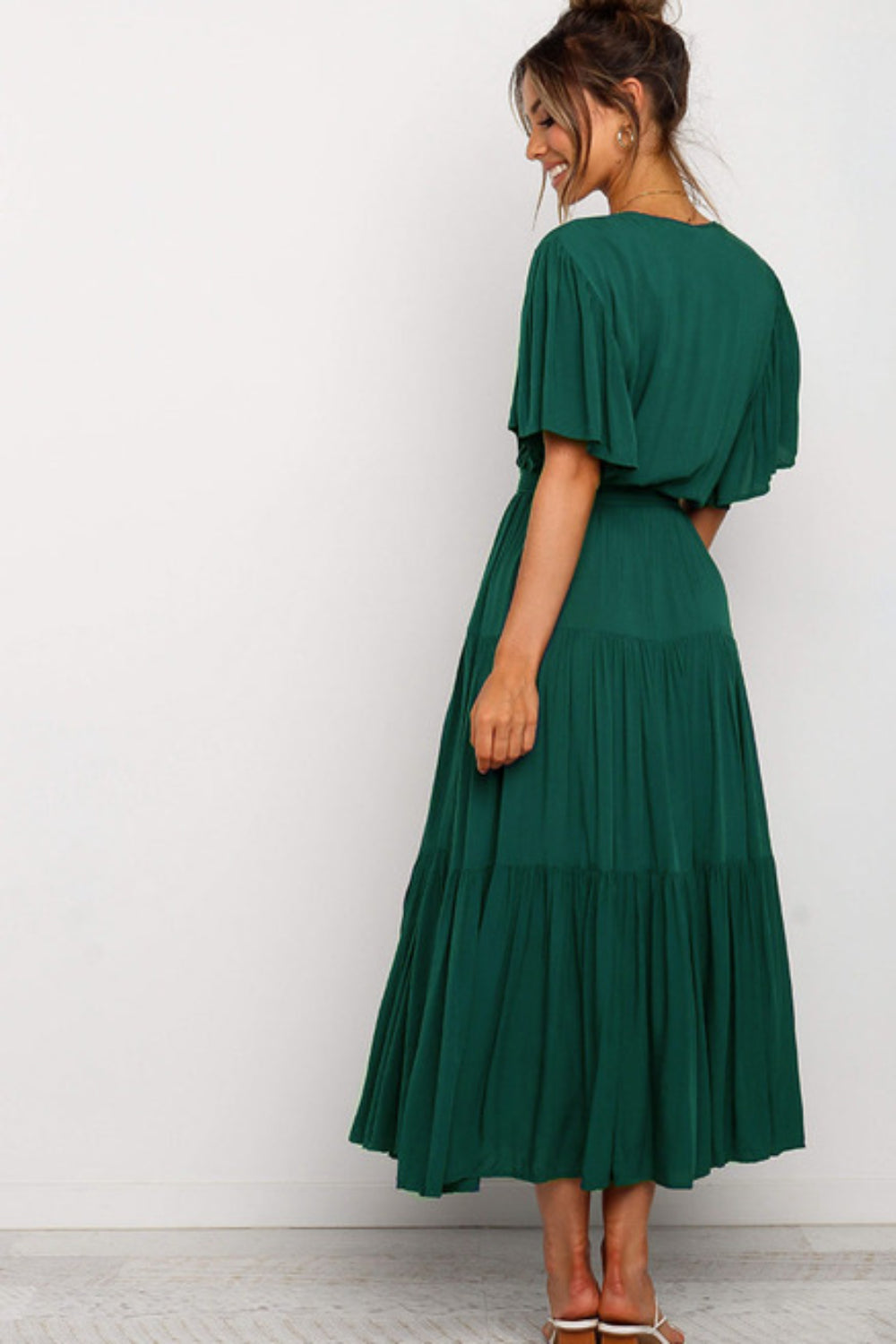 Front Tie Short Sleeve Tiered Midi Dress - aurelia-clothing-8955