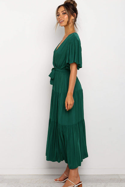 Front Tie Short Sleeve Tiered Midi Dress - aurelia-clothing-8955