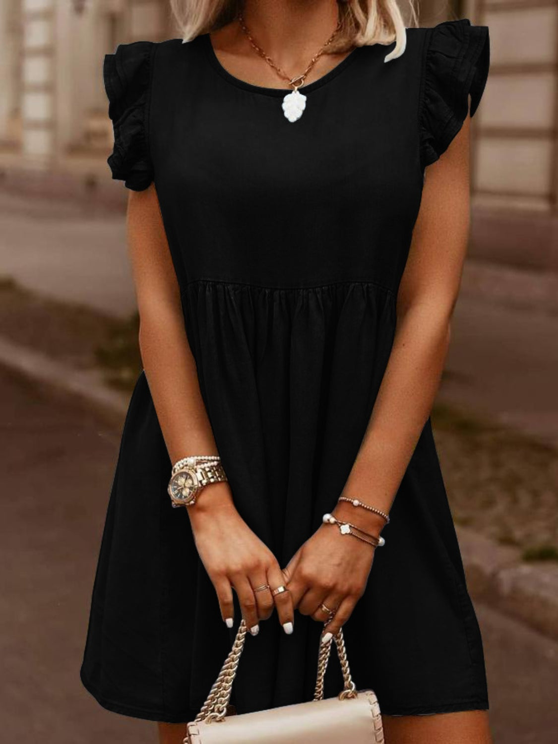Full Size Ruffled Round Neck Cap Sleeve Denim Dress - aurelia-clothing-8955