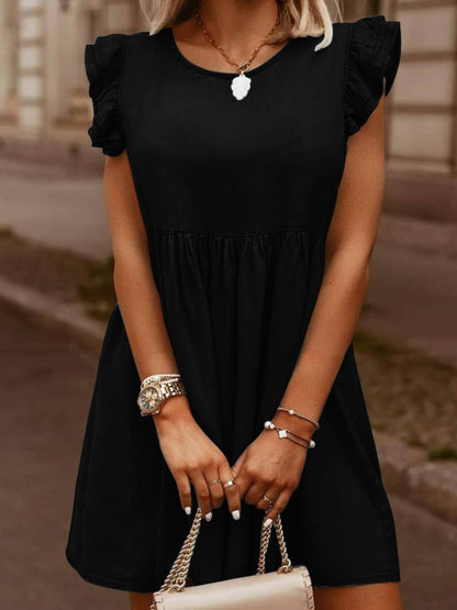 Full Size Ruffled Round Neck Cap Sleeve Denim Dress - aurelia-clothing-8955