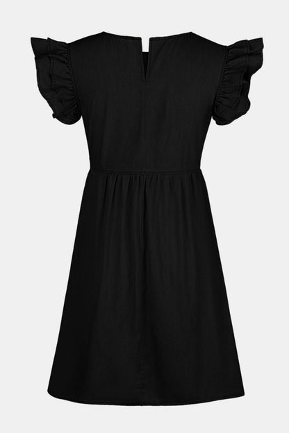 Full Size Ruffled Round Neck Cap Sleeve Denim Dress - aurelia-clothing-8955