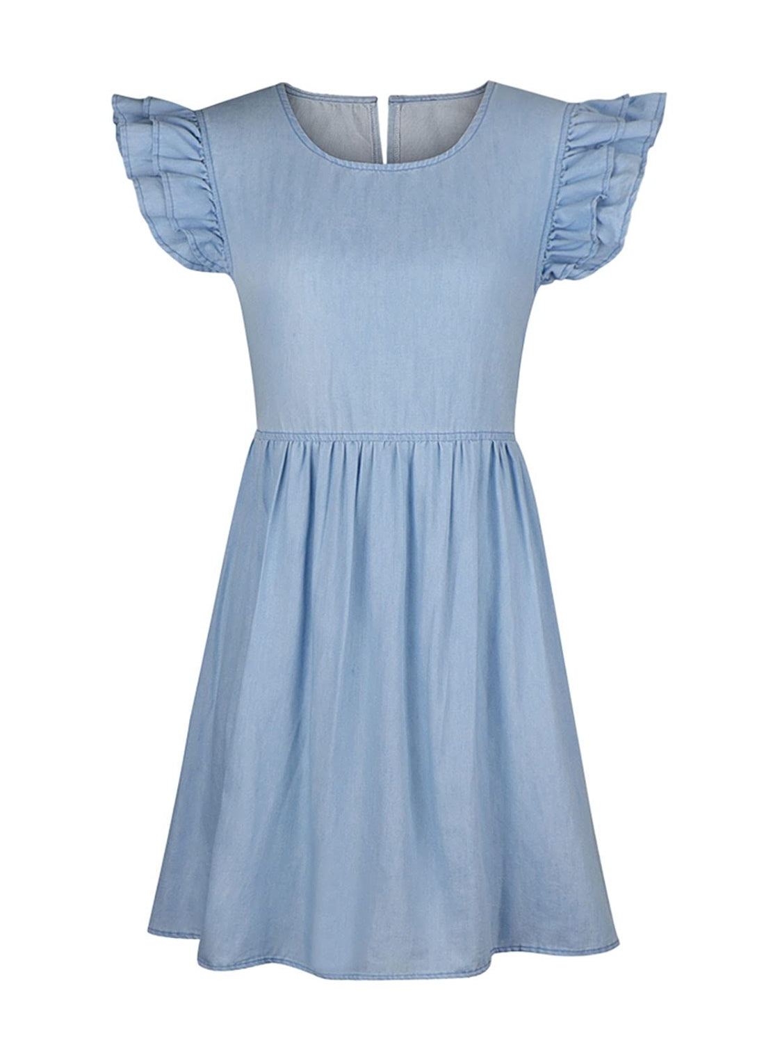 Full Size Ruffled Round Neck Cap Sleeve Denim Dress - aurelia-clothing-8955