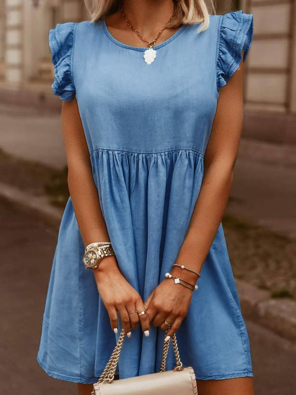 Full Size Ruffled Round Neck Cap Sleeve Denim Dress - aurelia-clothing-8955