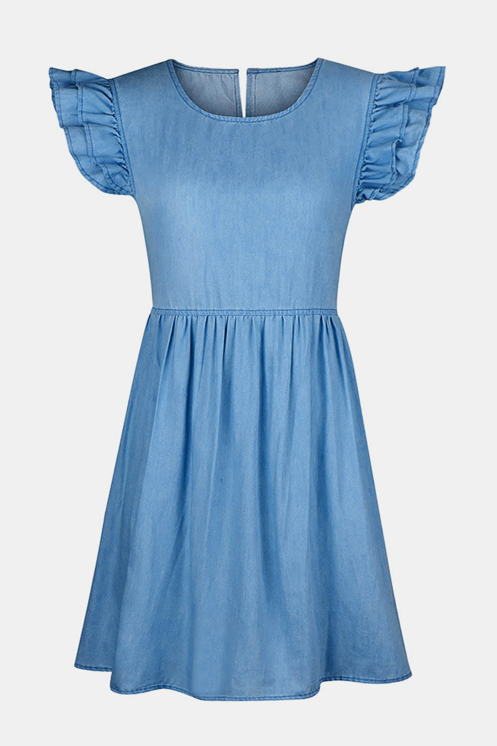Full Size Ruffled Round Neck Cap Sleeve Denim Dress - aurelia-clothing-8955
