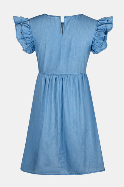 Full Size Ruffled Round Neck Cap Sleeve Denim Dress - aurelia-clothing-8955