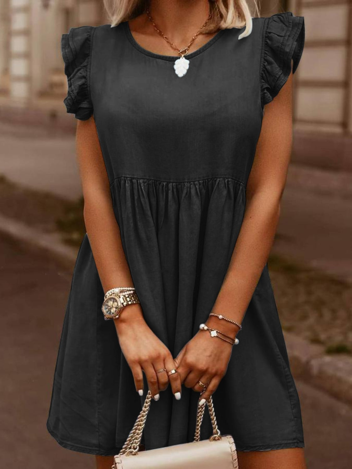 Full Size Ruffled Round Neck Cap Sleeve Denim Dress - aurelia-clothing-8955