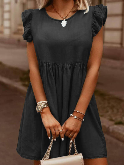 Full Size Ruffled Round Neck Cap Sleeve Denim Dress - aurelia-clothing-8955