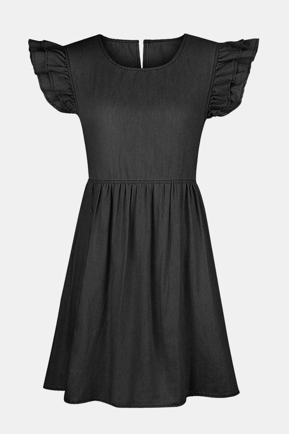 Full Size Ruffled Round Neck Cap Sleeve Denim Dress - aurelia-clothing-8955