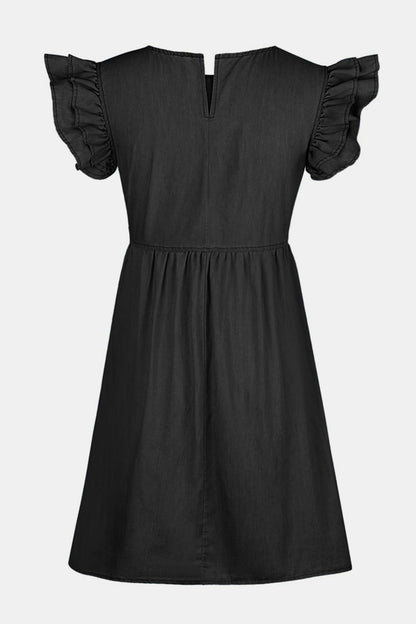 Full Size Ruffled Round Neck Cap Sleeve Denim Dress - aurelia-clothing-8955
