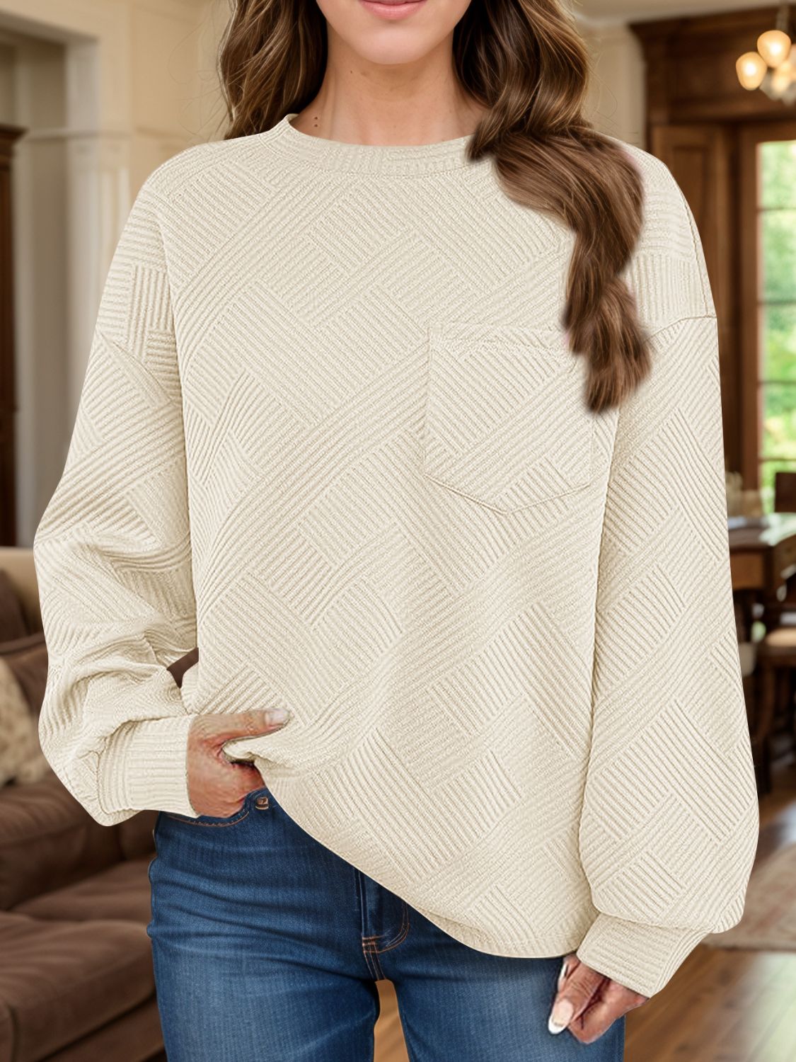 Full Size Texture Round Neck Long Sleeve Sweatshirt - aurelia-clothing-8955