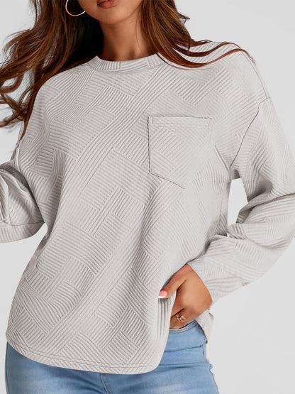 Full Size Texture Round Neck Long Sleeve Sweatshirt - aurelia-clothing-8955