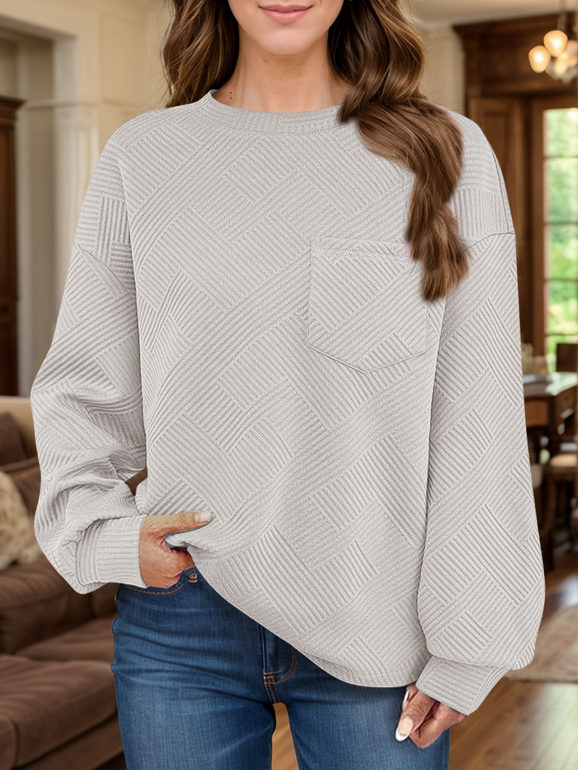 Full Size Texture Round Neck Long Sleeve Sweatshirt - aurelia-clothing-8955