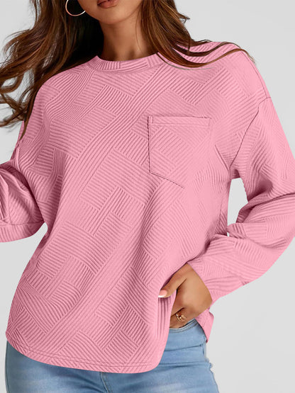 Full Size Texture Round Neck Long Sleeve Sweatshirt - aurelia-clothing-8955